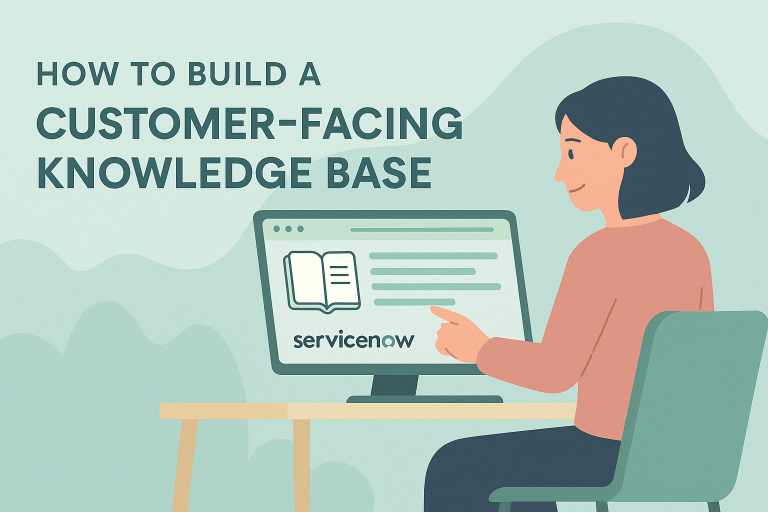 Illustration of a woman using a computer to view a ServiceNow knowledge base article, with the title 'How to Build a Customer-Facing Knowledge Base' displayed on screen. The scene uses soft pastel colours and depicts a calm, professional environment.