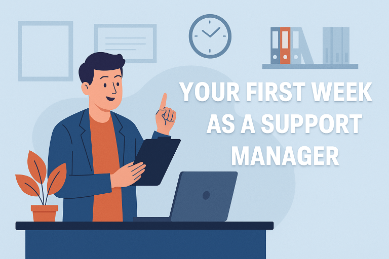 Flat-style digital illustration of a new support manager standing in front of a desk with a laptop and checklists, representing the beginning of their leadership role in a calm, professional support environment.