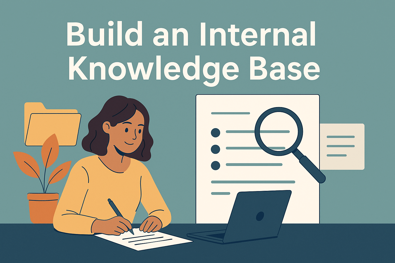 Illustration of a woman writing on a document at her desk, with a laptop in front of her and a large document with a magnifying glass behind, symbolizing internal knowledge base creation. The background includes a folder and potted plant, with the text 'Build an Internal Knowledge Base' above.