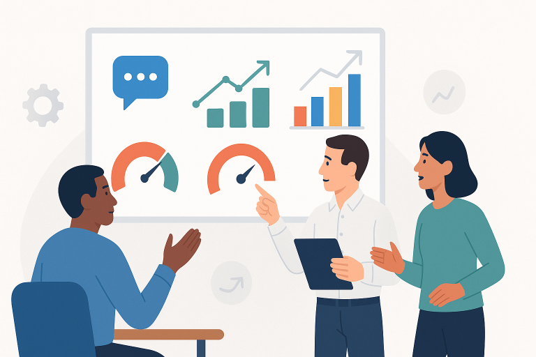 Illustration of a support team reviewing performance dashboards with charts, gauges, and graphs representing key support KPIs in a modern office setting.