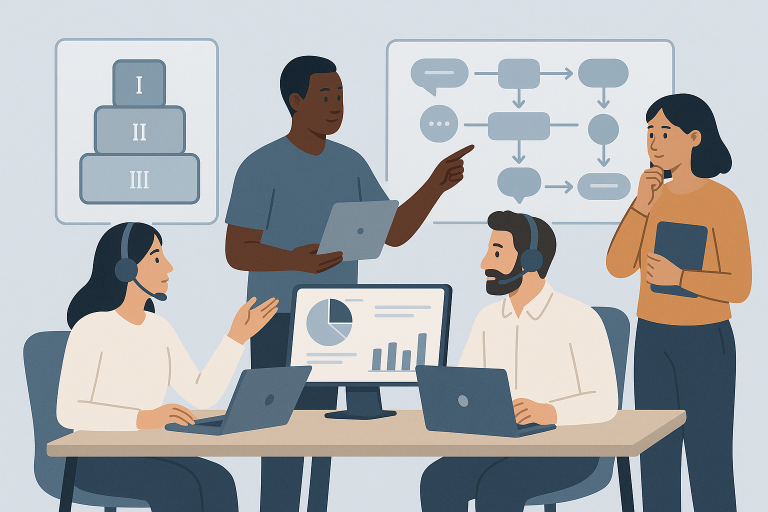 Flat-style illustration of a diverse tiered support model and team collaborating in a modern office, with dashboards and flow diagrams representing a tiered support structure.