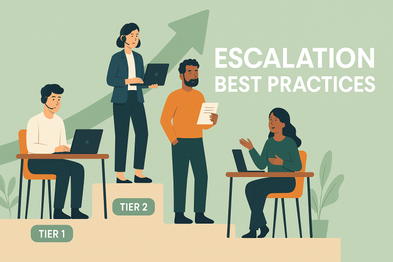 Flat-style digital illustration showing a support escalation process between Tier 1 and Tier 2 support agents, leading to a development team — visualising structured support escalation.
