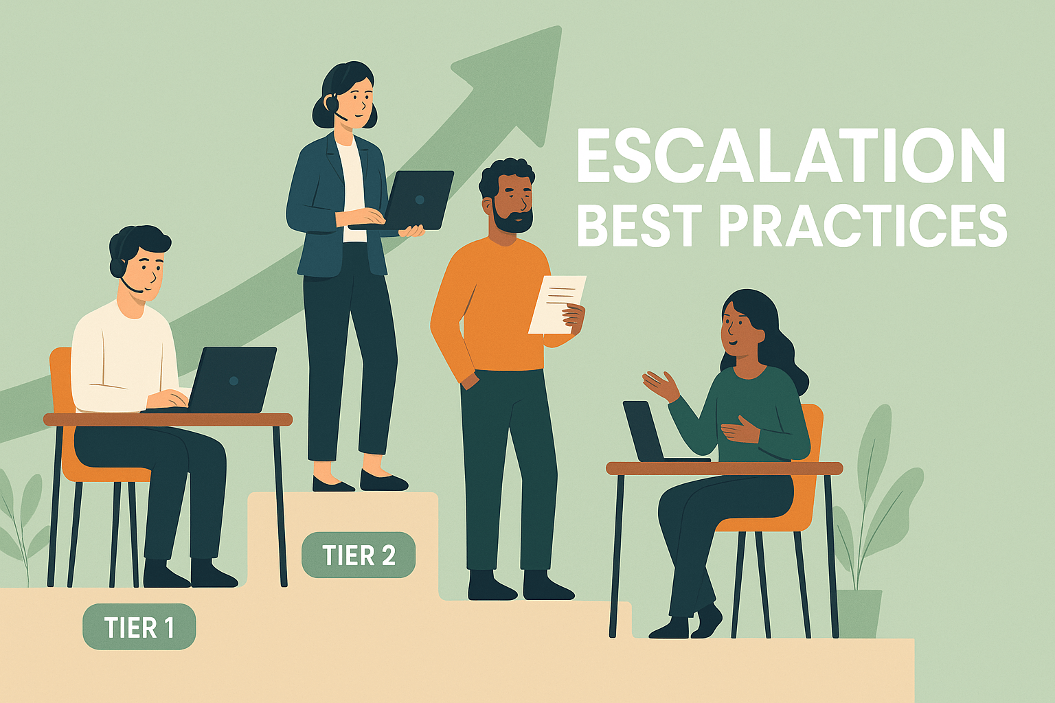 Flat-style digital illustration showing a support escalation process between Tier 1 and Tier 2 support agents, leading to a development team — visualising structured support escalation.